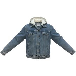 Love Tree Denim Hooded Jean Jacket Medium Wash Frayed Hem Trucker Womens Medium